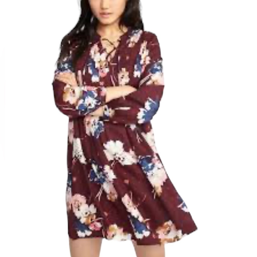 Old Navy long sleeve dress burgundy floral flowing loose swing dress XS